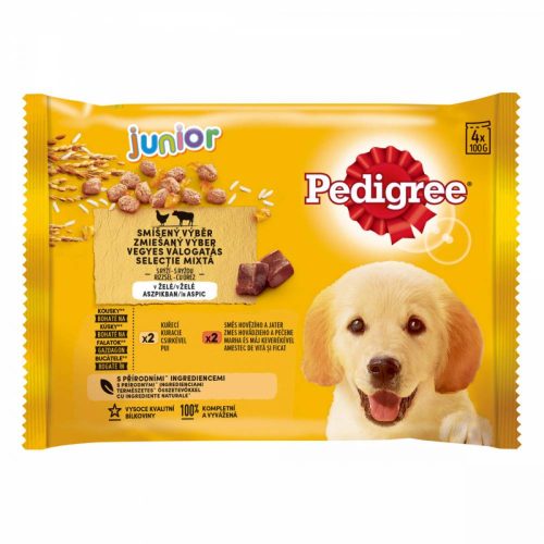 Pedigree 4x100g Junior Csirkével + Rizs, Marha + Máj + Rizs Aszpikban Alutasak DD72T