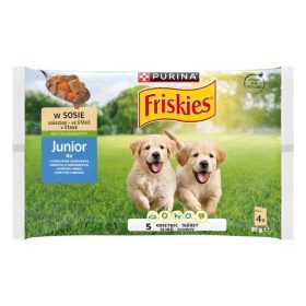   Friskies Dog 4x85g Junior Csirke + Sárgarépa szószban Alutasakos kutyaeledel 2512