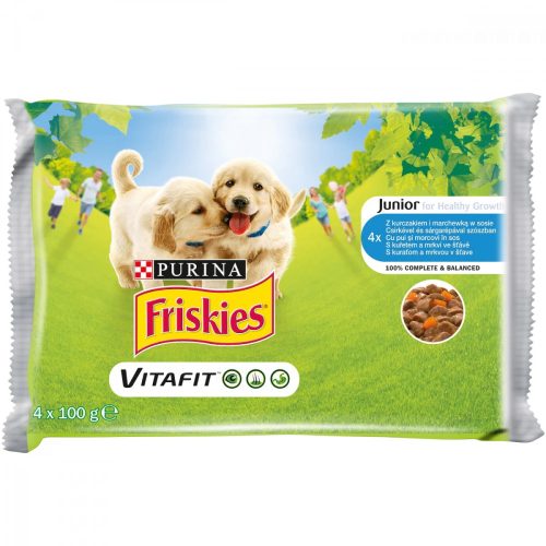 Friskies Dog 4x100g Junior Csirke + Sárgarépa szószban Alutasakos kutyaeledel