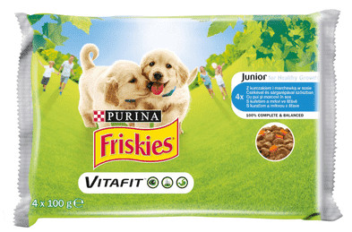 Friskies Dog 4x100g Junior Csirke + Borsó aszpikban Alutasakos kutyaeledel