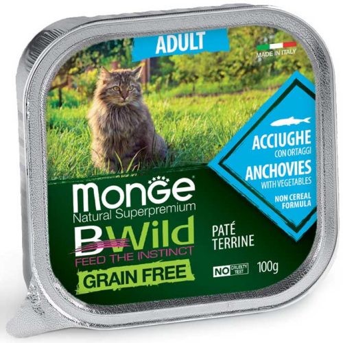 Monge Cat Bwild Gabonamentes Paté Terrine 100g Alutálca Szardella + Zöldség