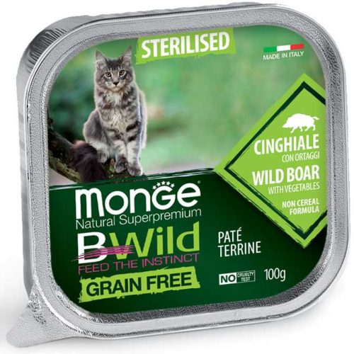 Monge Cat Bwild Gabonamentes Paté Terrine 100g Alutálca Steril Vaddisznó + Zöldség