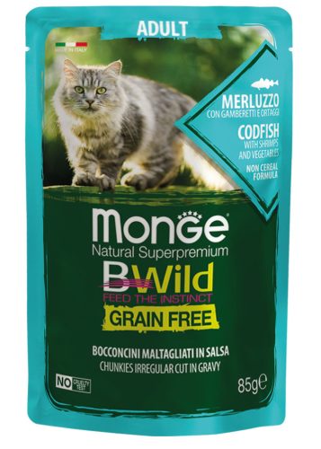 Monge Cat Bwild Gabonamentes 85g Alutasak Tőkehal, Rák + Zöldség