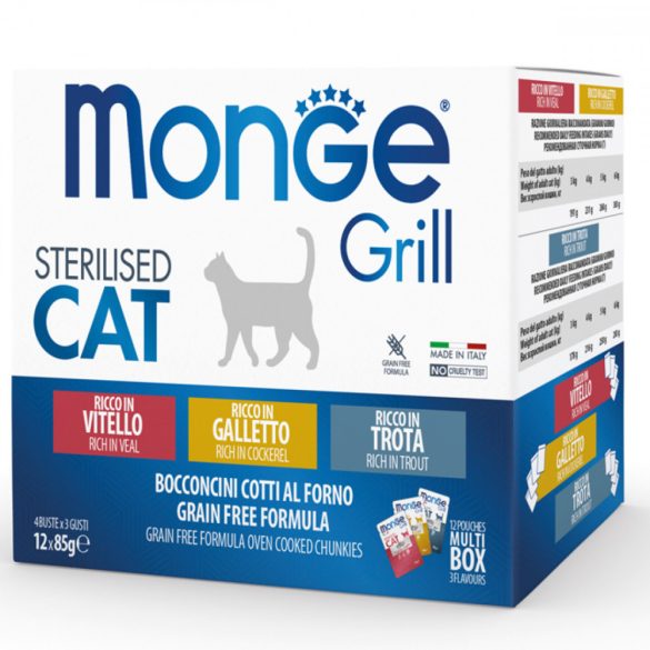 Monge Cat Grill 12x85g Alutasak Steril Borjú, Kakas, Pisztráng