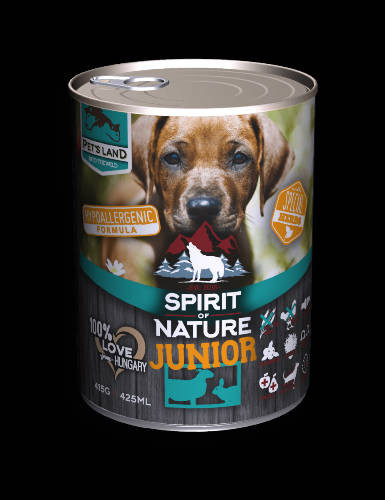 Spirit of Nature Hipoallergén JUNIOR KUTYA konzerv 415g Bárány és Mezei nyúl