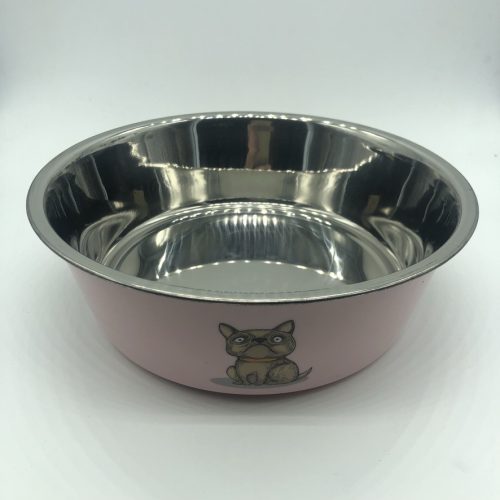 Etetőtál - rózsaszín, fém, különböző mintával, tappancsos gumi talppal 22cm 1500ml