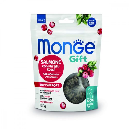 Monge Gift Bőr- és szőrápoló - Lazac és vörösáfonya 150g jutalomfalat kutyáknak