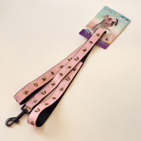   Póráz textil - fekete, fém karabinerrel - M - 2cm x 120cm - rózsaszín, kutyákkal