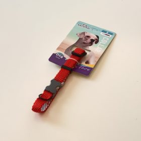   Nyakörv textil - anyagában bordázott - szürke műanyag csont alakú csattal - S - 1,5cm x 30-37cm - PIROS