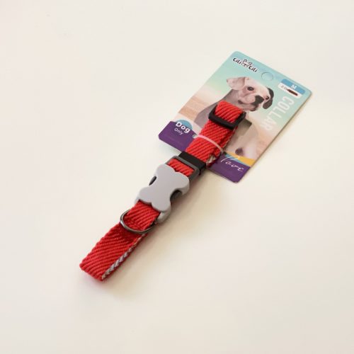 Nyakörv textil - anyagában bordázott - szürke műanyag csont alakú csattal - M - 2cm x 38-45cm - PIROS