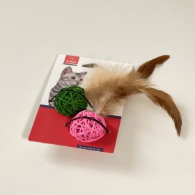   Rattan, tollas macskajáték, két golyó - ZÖLD-RÓZSASZÍN