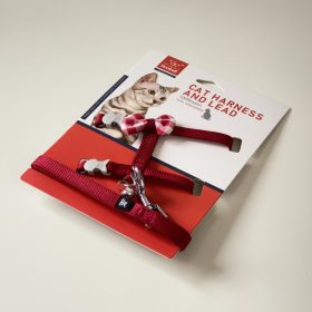 Macskahám szett, kockás masnival, csengettyűvel - BORDÓ