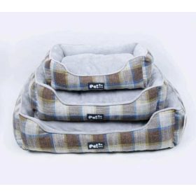   Kisállat fekhely kockás, kívül vászon, belül plüss - 50x40cm - BARNA